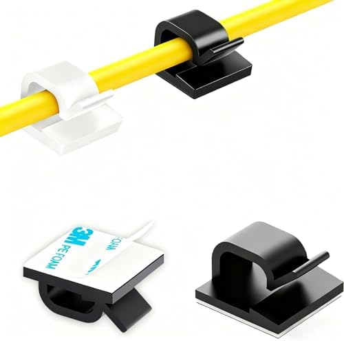 Topavatop 100 PCS Adhesive Cable Clips (Small, White&Black), Upgraded Wall Wire Holder Cord Organizer for Cable Management Under Desk, Light Clips Hooks for LED, Car Dash Cam, USB Cable