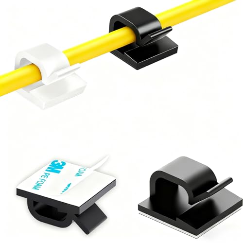 Topavatop 100 PCS Adhesive Cable Clips (Small, White&Black), Upgraded Wall Wire Holder Cord Organizer for Cable Management Under Desk, Light Clips Hooks for LED, Car Dash Cam, USB Cable