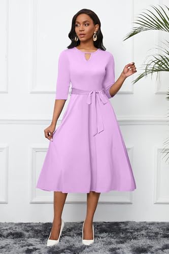 Image of CLOCOR Midi Dresses for Women Casual A-Line Fit and Flare Dress Crewneck 3 /4 Sleeve Keyhole Cocktail Party Church Dress