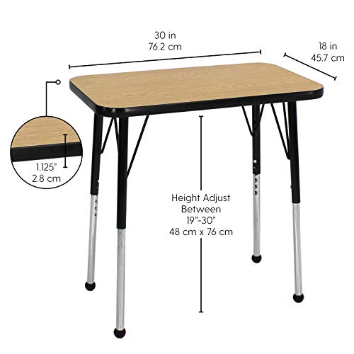Image of FDP Rectangle Single Student Activity Table (30 x 18 inch), Standard Ball Glide Legs, Adjustable Height 19-30 inches; For Social Distance, Virtual In-Home, Classroom Learning - Oak Top /Black Edge