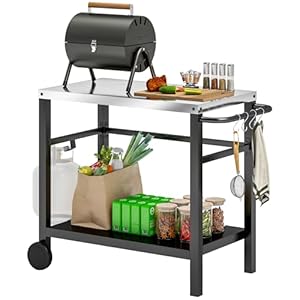 Outsunny Grillwagen 2-Etagen Servierwagen mit Arbeitsfläche Ablagen Haken Räder, BBQ Grilltisch aus Edelstahl, Grill Beistelltisch, Outdoor Rollwagen für Garten, Terrasse, Grill, 102 x 56 x 81cm