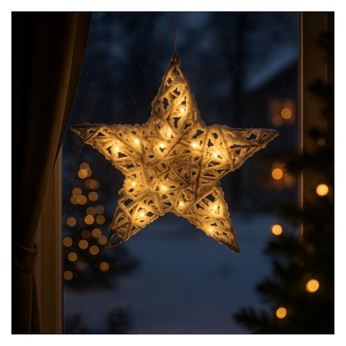 COM-FOUR® Flor de Pascua LED, Corona de Puerta de Invierno con iluminación y Temporizador, Estrella Decorativa con 10 LED Blancos cálidos, decoración navideña (01 Pieza - Blanco - Estrella 30cm)