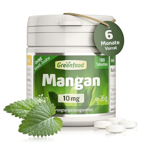 Mangan Tabletten hochdosiert 10mg - 180 Stück vegan. Mangan Bisglycinat - wichtig für den Aufbau von Bindegewebe Knorpel & Knochen. OHNE künstliche Zusätze - laborgeprüft. Von Greenfood.