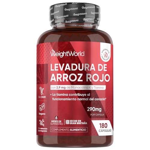 Arroz de levadura roja | Levadura De Arroz Rojo 290mg, 180 Cápsulas Veganas - Monacolina K Enriquecida Con Coenzima Q10 Y Vitamina B1 O Tiamina Que Contribuye A La Función Normal Del Corazón, Para 6 Meses, Sin Gluten Ni Ogm