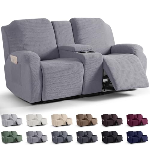 Image of KinCam Loveseat Recliner Covers with Middle Console Slipcover, Recliner Sofa Covers 2 Seat Couch Cover Stripe Jacquard Furniture Protector Covers with Elastic Bottom for Kids, Pets (Light Gray)