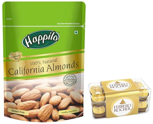 Image of Happilo 100% Natural Premium California Almonds 200 g Dried & Ferrero Rocher, Exquisite Hazelnut and Milk Chocolate Premium Gift Box, 16 pieces (200 g)