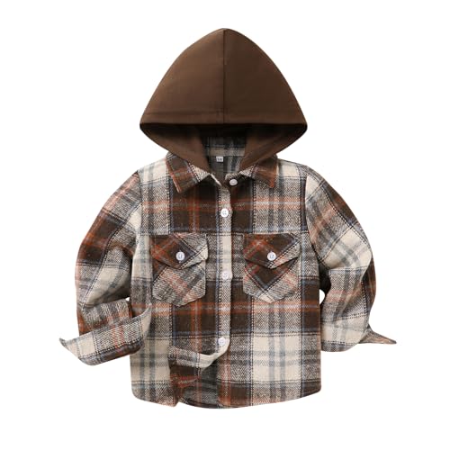 YOUNGER STAR Toddler KidsBaby Boys Hooded Plaid Shirt Classical Shirt Hooded Jacket Fall Winter Clothes (Coffee Pink White Grid 12-18 Months)
