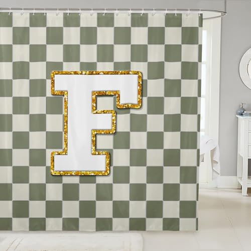 Image of Erosebridal Sage Green Checkered Bathroom Accessories Plaid Initial F Shower Curtain Personalized Monogram Bathroom Curtain for Kids Adults 72 inch Wx72 L Fashion Grids Gingham Shower Decor