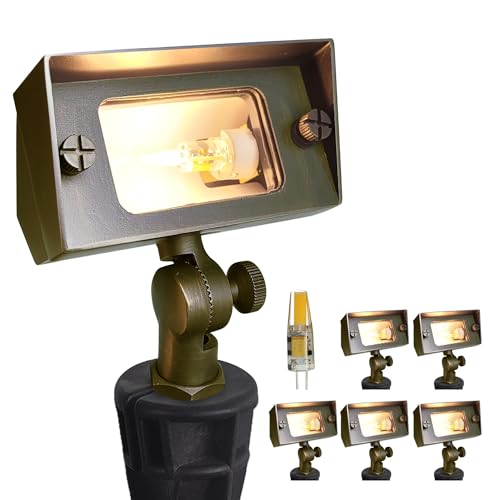 COLOER Brass Small Rectangular Flood Lights Outdoor 6 Pack with 2W 2700K Warm White LED G4 Bulb, 12V Low Voltage Landscape Outside Lights for House Illuminating Signs, Walls and Tree