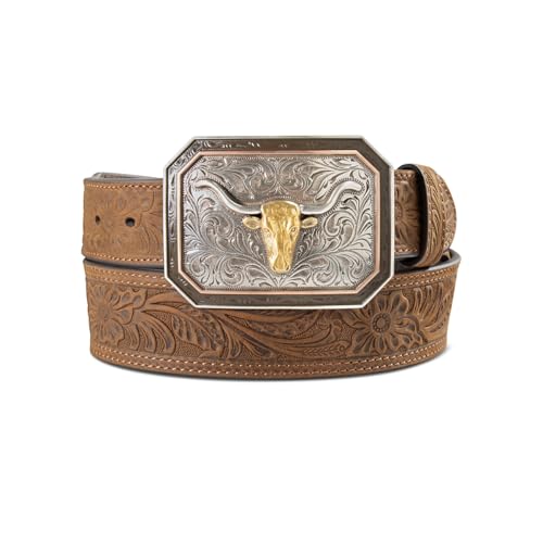 ARIAT Men's Floral Embossed Longhorn Buckle Leather Belt