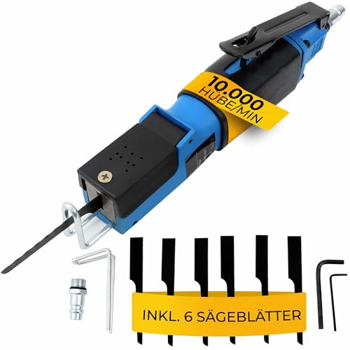 MONZANA® Säbelsäge 6 Sägeblätter (18T, 24T, 32T), 9.000 U/min Verstellbarer Anschlagbügel Gummigriff Werkstatt Druckluft-Karosseriesäge Blechsäge