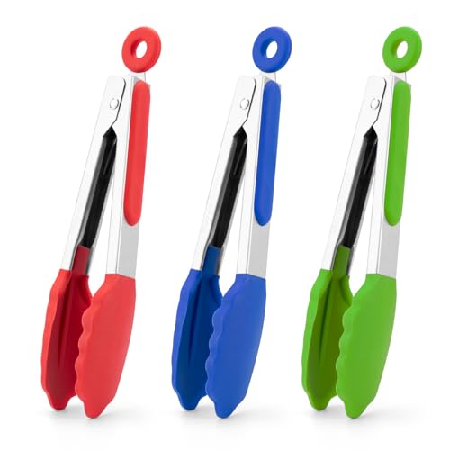Pinzas pequeñas de silicona para cocinar, 3 pinzas de servir de 7 pulgadas, resistentes al calor, antiadherentes, de acero inoxidable con puntas de silicona, pinzas de cocina para ensalada, bufé