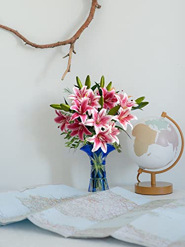 Yalzone 2 Pcs 28’’ Deep Pink Artificial Lily Flowers Fake Real Touch 3 Heads Buds Faux For Indoor Home Decor Outdoor Wedding Bouquet Decoration Table Centerpiece (W045) #TOP5