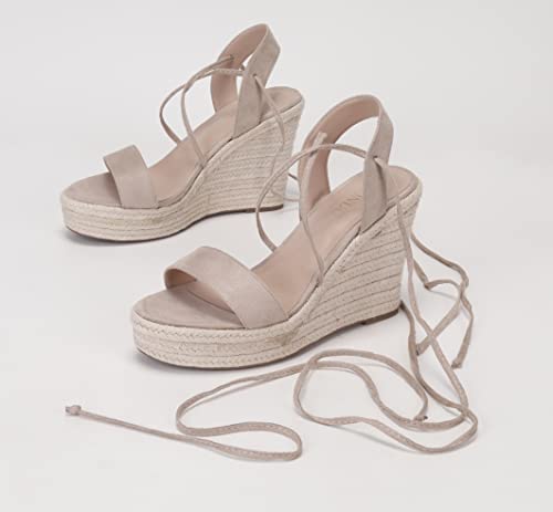 Sumojiu Women's Wedge Platform Espadrille Open Toe Lace-Up Sandals, Cross Strap Wedge Sandals Summer Espadrilles Ankle Strap Buckle Platform Sandals Beige 7 #TOP6