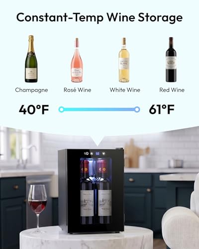 Image of EUHOMY 18L Freestanding Counter-top Wine Fridge Mini Fridge, 4 Bottle and 6 Can Wine Cooler for Red White Wine, Wine Cellar with LED Digital Temperature Display Quiet, Black