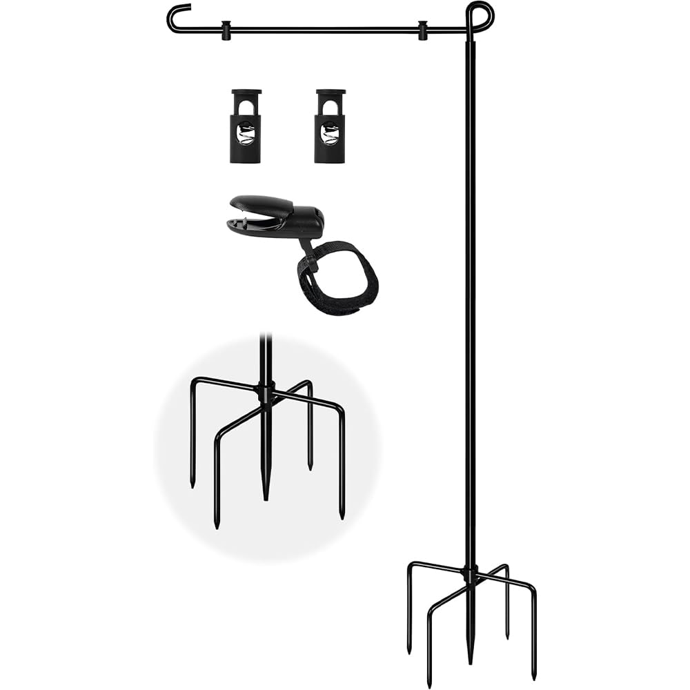 OWATRKDEY Garden Flag Holder with 5 Prong Base – Durable Metal Garden Flag Stand for Outdoor Use, Weather-Resistant Yard Flag Pole with Clip and Stopper for Garden, Lawn, and Patio Display