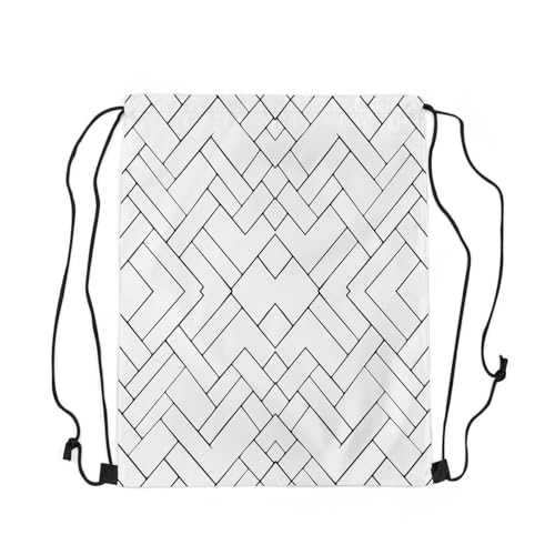 Manfei Geometric Lines Drawstring Backpack,Abstract Checkered Stripe Foldable Waterproof Drawstring Bags,Modern Fashion Aesthetic Gym String Bag Back Bag,13"X16",White