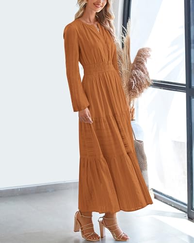 BTFBM Fall Dresses for Women 2025 Casual Long Sleeve V Neck Elastic Waist Lightweight Maxi Wedding Guest Dress Pockets