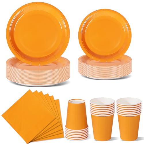 Nkaiso Anniversaire Vaisselle de fete 96 Pièces Orange Party Assiettes en Papier Set Assiettes de Fête Jetables Papier Tasses Serviettesr, pour Barbecue les...
