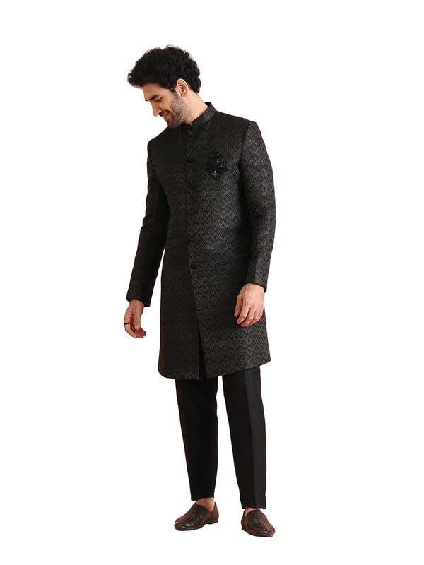 Mens Indo-Western Sherwani Trouser Set|Silk Blend Fabric Self Design Pattern Mens Ethnic Wear|Regular Fit Mandarin Collar Long Sleeves
