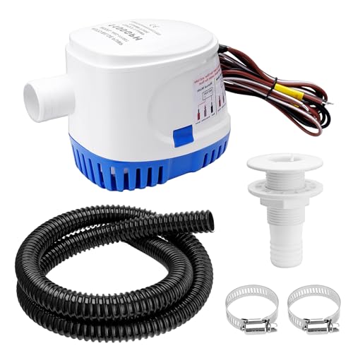 1100GPH 12V Automatic Boat Bilge Pumping Kit, 1-1/8 Inch Electric Bilge Water Pump, 6FT Hose, 2 Stainless Steel Hose Clamps and Thru-Hull Fitting, for Fishing Boats, Runabouts, Yachts, Cruisers
