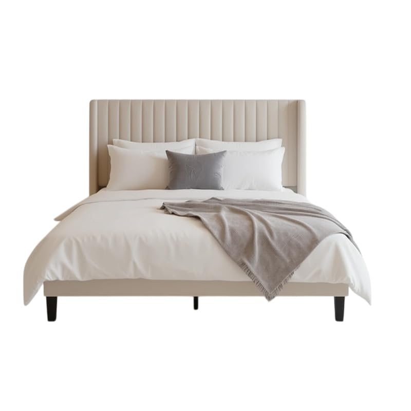 Image of Amazon Brand - Solimo Wood Lark Modern Upholstered King Size Bed with Wingback Headboard | Durable Wooden Double Bed Cot Palang Without Storage Furniture for Home, Hotel (White)
