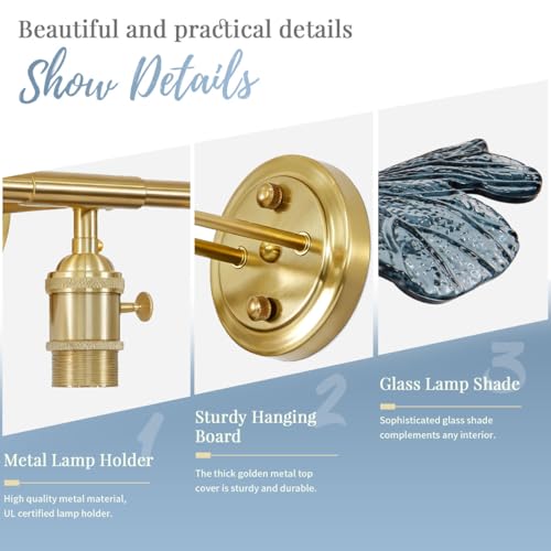 Image of Vintage Bathroom lighting fixtures Gold Brass Bathroom Vanity Light 3-Light Modern Wall Sconce Indoor Wall Light with Blue Glass flower Shade Mid Century Wall Lighting for Bedroom Hallway Living Room