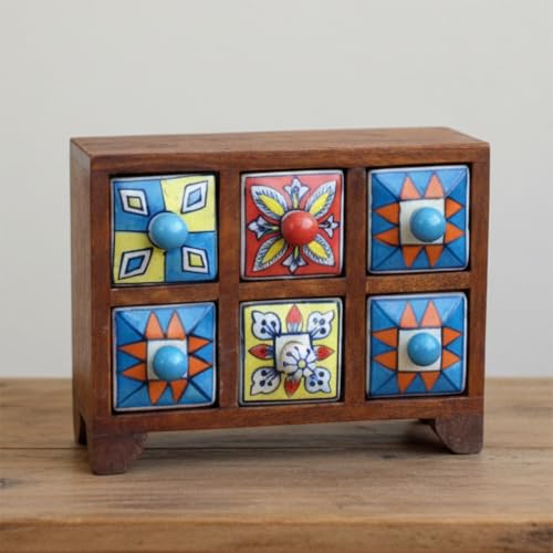 Guru-Shop Apothekerschränkchen mit Bunten Keramik Schubfächern – 3×2 Fächer Modell 2, Braun, 16x22x8 cm, Dosen, Boxen & Schatullen - 3