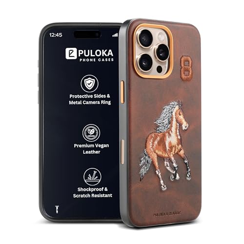 PULOKA - Mobile Cover Compatible for iPhone 16 Pro- Horse Embroidery - Sleek & Stylish - Protective & Anti Scratch Phone Cover Vegan Leather Back Case - Men & Women - Santa Barbara Polo (Brown)