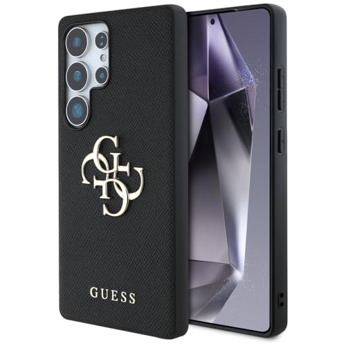 CG Mobile sous Licence Guess Coque pour S25 Noir Grainé Hot Stamp Motif Pivoine Logo Triangle Compatible avec MagSafe
