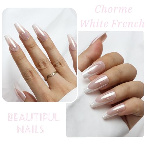 SEMATA Acrylic French Tip Press on Nails Medium Long Square Nails Press ons Coffin Chrome Pink Glue on Fake Nail with Glossy Designs Artificial Stick on False Nail for Women 24Pcs — view 4