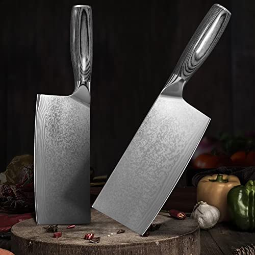 Foto von Home Safety Chinesisches Kochmesser Damaststahl, Damast Hackmesser Profi Küchenmesser, Scharfes Allzweckmesser für Fleisch und Gemüse