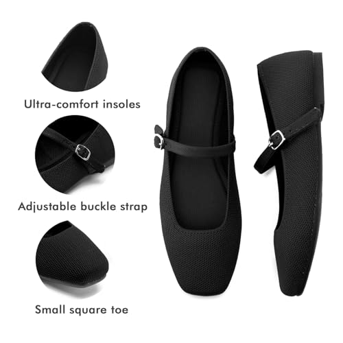 Soesyi Knit Flats for Women Square Toe Flats Casual Ballet Flats with Ankle Strap,Mary Jane Shoes Women Comfortable for Dressy Office,Size 7.5，Black by Soesyi - Used condition - Image 6