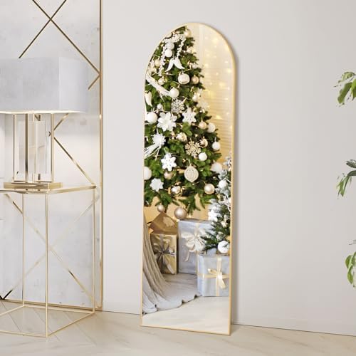 OLIXIS Arched Full Length Mirror 59″x16″ for Bedroom, Full Body Mirror with Stand, Hanging or Leaning for Wall, Aluminum Alloy Thin Frame Floor Standing for Living Room, Tall, Gold