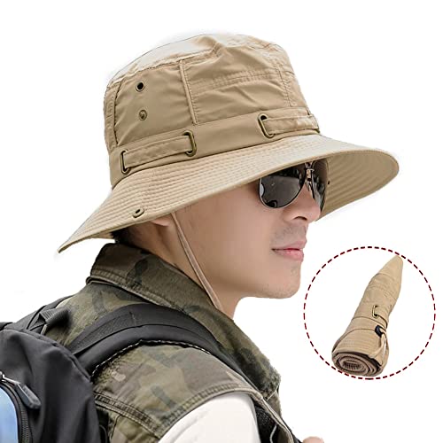 IBLUELOVER Wide Brim Sun Hat Men Women UPF 50+ UV Protection Bucket Boonie Hat Foldable Quick Dry Fishing Cap with Adjustable Chin Strap for Outdoor Sports 54-58cm Khaki - Image 2