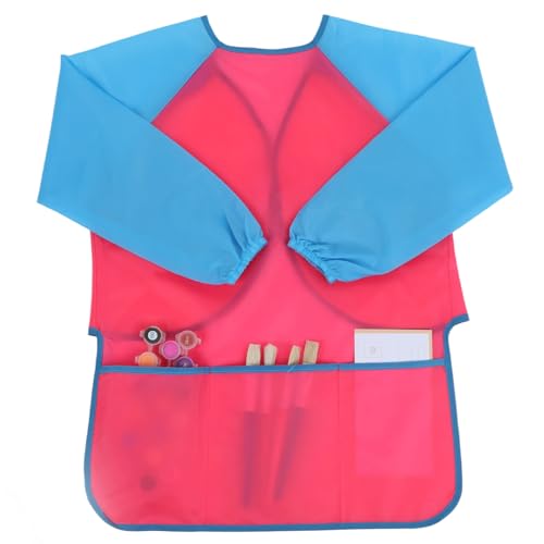 Apausvcm - Waterproof Kids Painting Apron with Long Sleeves and 3 Pockets - Toddler Art Smocks for Painting Artists, Age 2-8 Years (Rose Red, Blue)