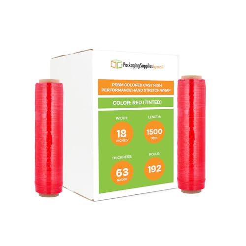 PSBM Red Tinted Stretch Wrap, 192 Pack, 18 Inch x 1500 Feet, 63 Gauge, Plastic Cling Color Hand Stretch Film Rolls for Packaging Moving Packing Pallets