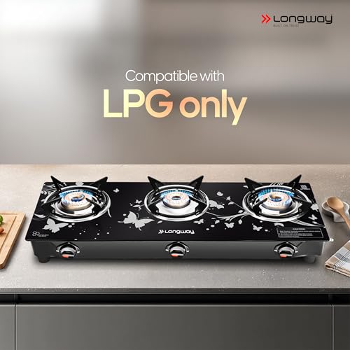 Image of Longway Astra Glass Top, 3 Burner Auto Ignition Glass Gas Stove (Black, ISI Certified, 2 Year Warranty)