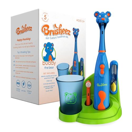 Brusheez Kids’ Electric Toothbrush Set - Safe & Effective for Ages 3+ - Parent Tested & Approved with Gentle Bristles, 2 Brush Heads, Rinse Cup, 2-Minute Timer, & Storage Base (Buddy The Bear)