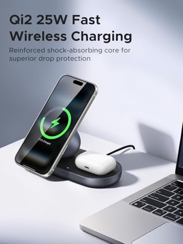 Image of UGREEN 25W Magnetic Wireless Charger Stand, Qi2.2 Certified MagSafe Compatible 2 in 1 Charging Station for iPhone 17 16 15 and AirPods Pro, Pixel, Office Desk Accessories, Black (No Adapter)
