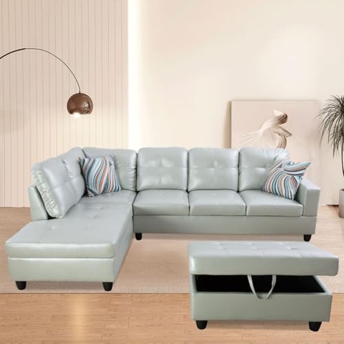 Image of L-Shaped 3-Piece Semi PU Synthetic Leather Sofa with Storage Ottoman Set, Sectional Couch Sofa Set for Living Room, Office, Small Space, Silver Green