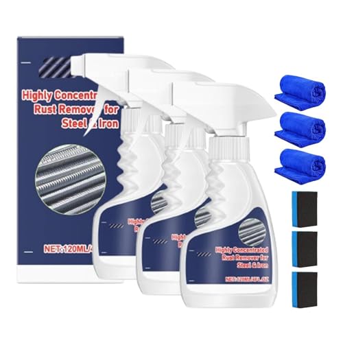Multipurpose Rust Remover Spray for Metal with Sponge and Towel Highly Concentrated Steel Rust Remover for Car Tools Multi-Surface Cleaner 120ml (3Pcs)