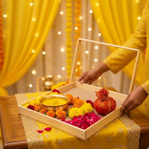 Image of SATYAM KRAFT 1 Set(2 Pcs)Trousseau Pinewood Attractive Rectangular Decorative Tray for Wedding /Shaadi Gift Hampers,Engagement,Saree Clothes Packing,Dry Fruit,Brown
