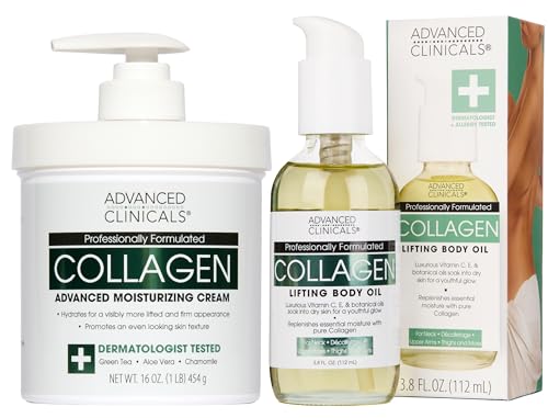 Advanced Clinicals Collagen Body Oil + Unscented Collagen Cream Body Lotion & Face Cream 2PC Beauty Skin Care Set For Women & Men For Improving Appearance Of Crepey Skin Dry Skin & Wrinkles 2pc