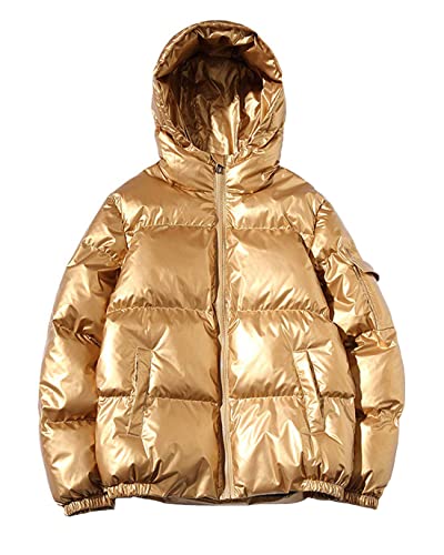 ebossy Men's Metallic Hooded Puffer Jacket Winter Full Zip Down Alternative Quilted Padded Coat (X-Small, Gold)