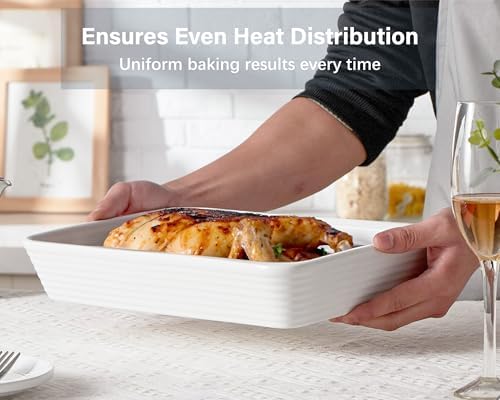 ONEMORE Ceramic Baking Dish, 9x13 Baking Pan Casserole Dish Large Rectangular Baking Dishes for Oven Deep Dish Lasagna Pan for Family Meals Ribbed White Bakeware for Roasting & Serving - Thumbnail 5