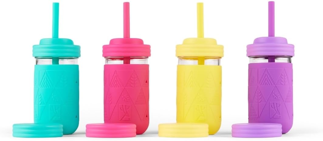 Elk and Friends Kids + Toddler Glass Cups | The Original 12oz Glass Mason Jar with Sleeves + Lids | Silicone Straws + Stopper | Smoothie Cup | Food Storage | Spill Resistant | Dishwasher Safe | 4 Pack