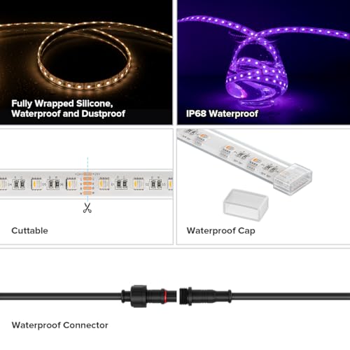 Image of BTF-LIGHTING RGBW LED Strip IP68 Waterproof Warm White DC24V 16.4FT 300LED | White LED Tape PCB 14mm 5050 4 Colors in 1 RGB + 6000K-7000K Tape Lights Can Work Outdoor(No Adapter or Controller)