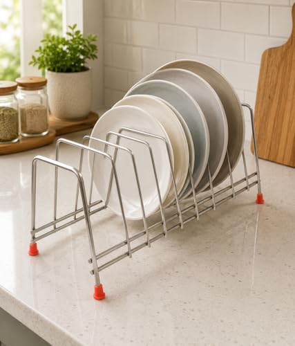 Image of Zepdos Stainless Steel Square Plate Rack for Kitchen, Thali Rack, Dish Rack, Thali Stand for Kitchen, Dish Stand with Lid Holder, 9 Section Plate Stand (Pack of 1)