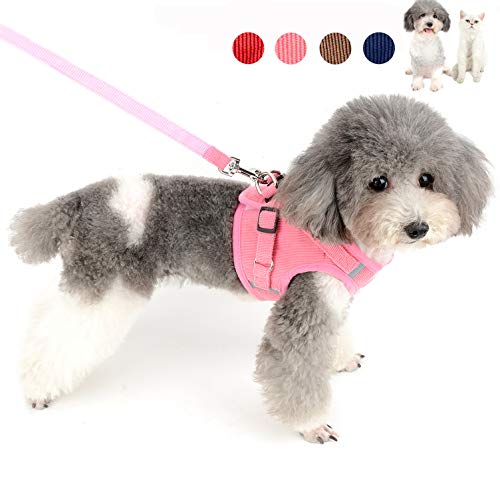 Ranphy Pet Harness with Leash Set for Small Dog Corduroy Dog Harness Soft Comfy Puppy Cat No Pull Step in Padded Vest Escape Proof Breathable Easy Control Training Outdoor Walking Jackets Pink XS